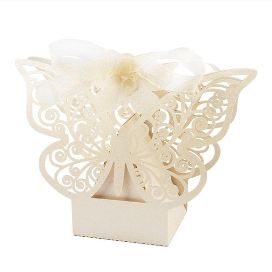 Ivory Cream Butterfly Wedding Engagement Party Bomboniere Favour Lolly Gift Almond Card Box - 10 Pack